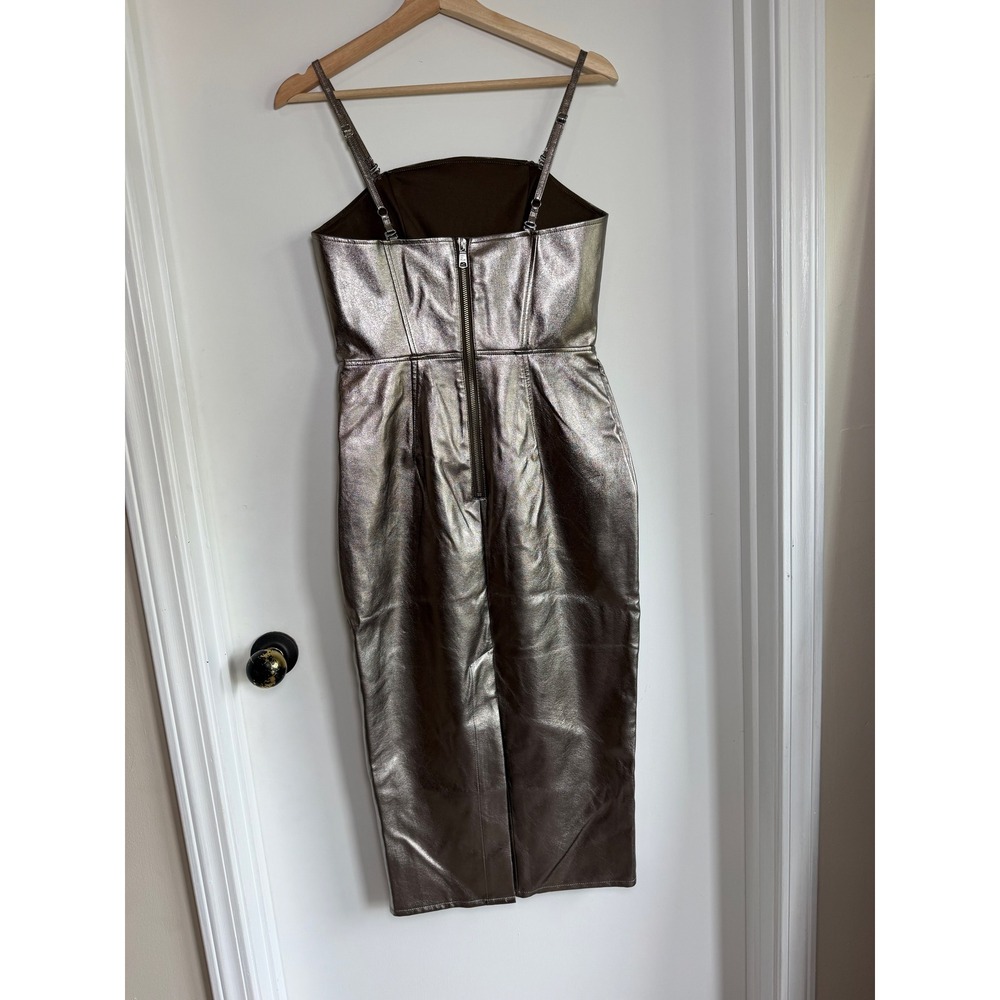 Avec Les Filles Metallic Faux Leather Midi Dress SilverBronze Square Neck Size 4 - Picture 6 of 11